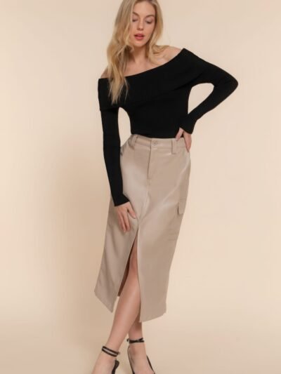 Faux Leather Midi Cargo Skirt