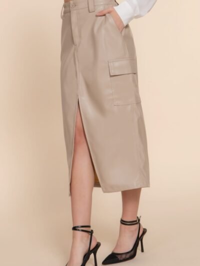 Faux Leather Midi Cargo Skirt