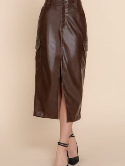 Faux Leather Midi Cargo Skirt