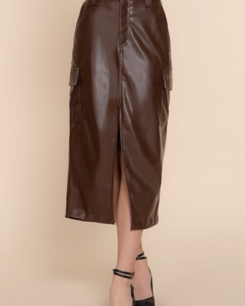 Faux Leather Midi Cargo Skirt
