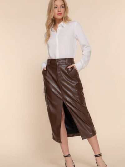 Faux Leather Midi Cargo Skirt