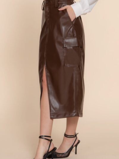 Faux Leather Midi Cargo Skirt