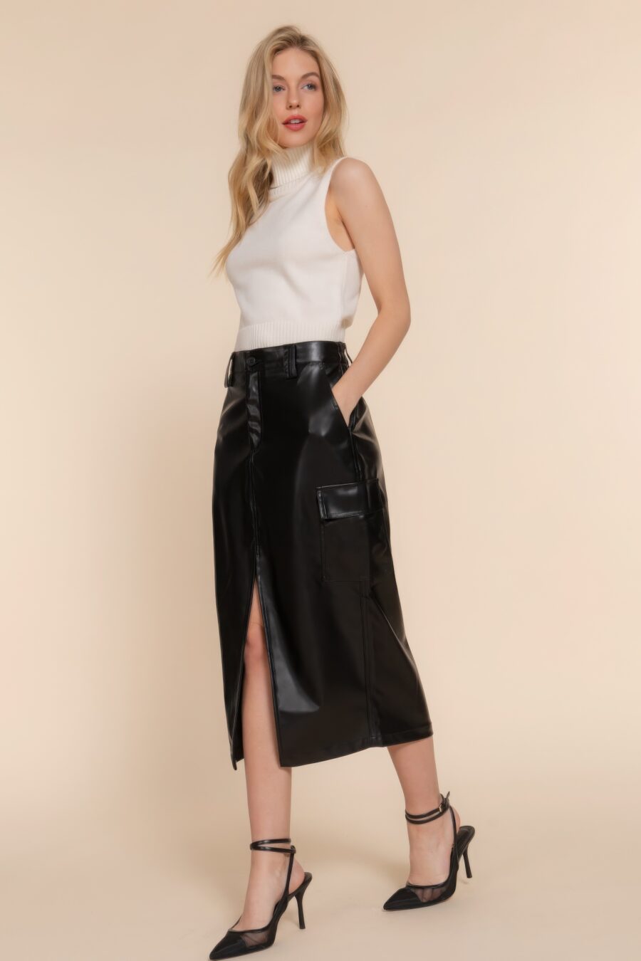 Faux leather midi cargo skirt