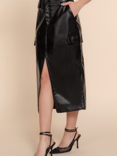 Faux Leather Midi Cargo Skirt