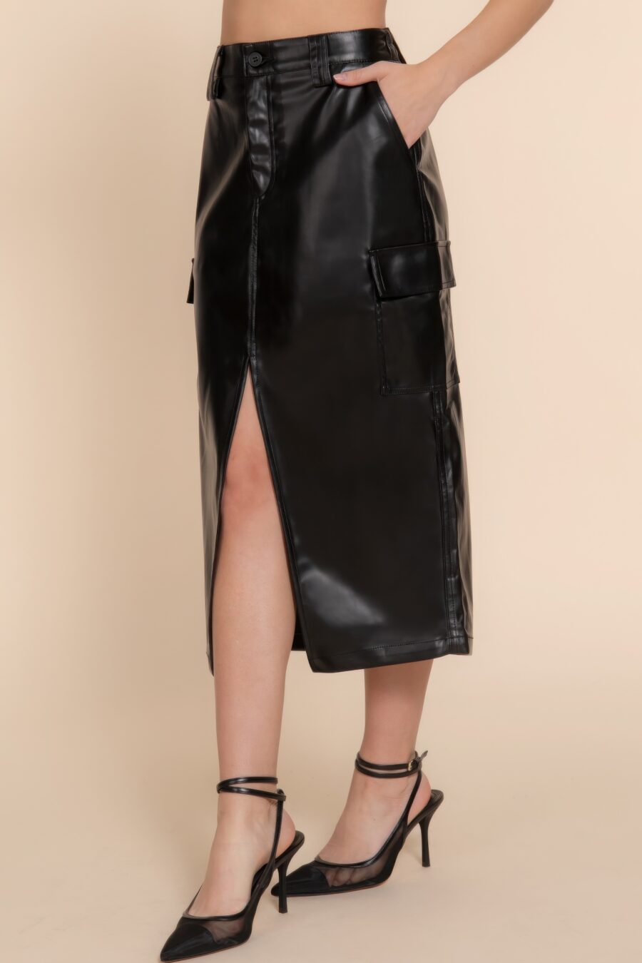 Faux leather midi cargo skirt