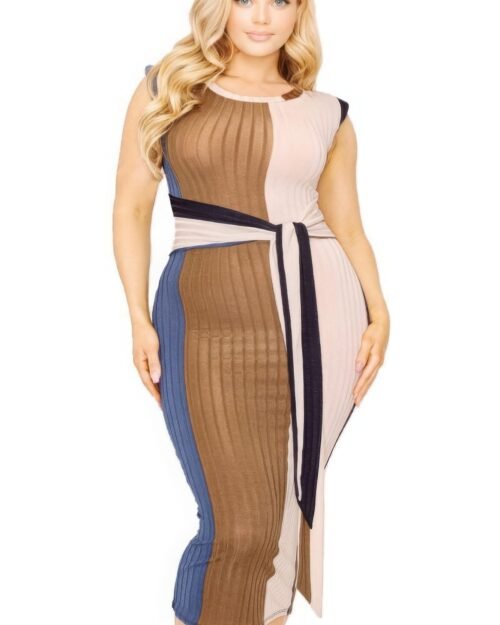 Plus knitted sleeveless colorblock waist tie dress