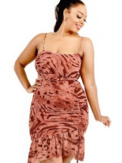 Plus wild animal print cami strap ruffle hem dress