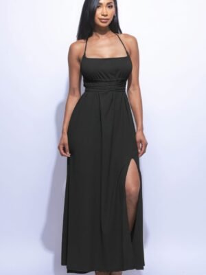 maxi dress with slit in black – side slit and tie back