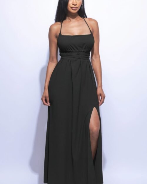 maxi dress with slit in black – side slit and tie back