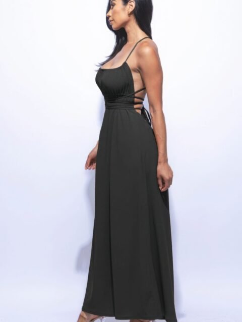 maxi dress with slit in black – side slit and tie back