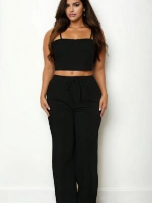 Plus Bustier Crop Cami Top & Slant Pocket Straight Pants