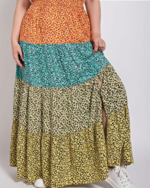 Ditsy floral color block skirt with front slit