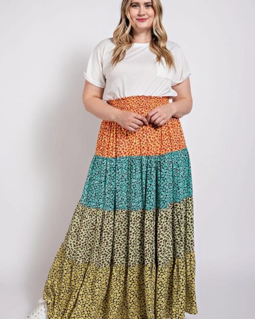 ditsy floral color block skirt with front slit