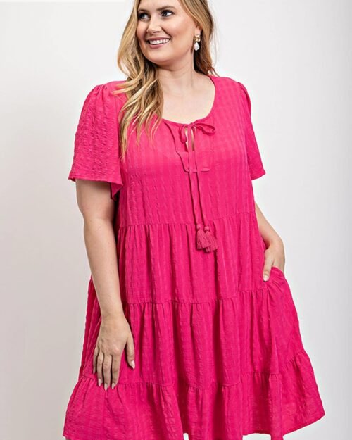 Textured woven tiered dress with tassel tie and pockets