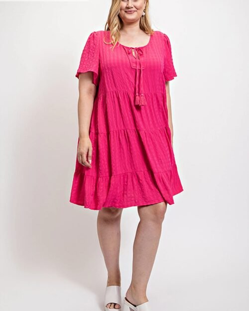 textured woven tiered dress with tassel tie and pockets