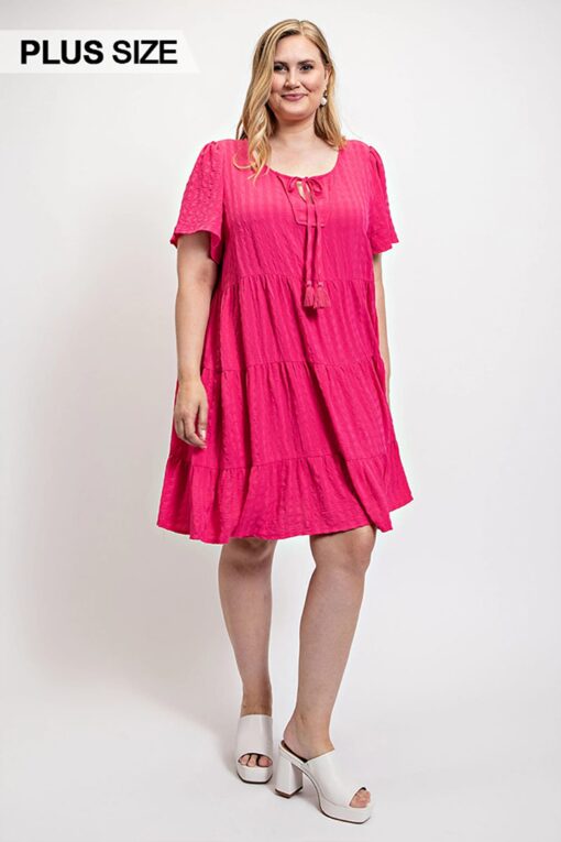 Textured woven tiered dress with tassel tie and pockets - Image 2