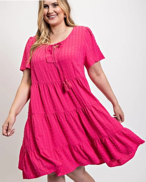 textured woven tiered dress with tassel tie and pockets