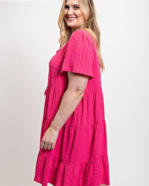 textured woven tiered dress with tassel tie and pockets