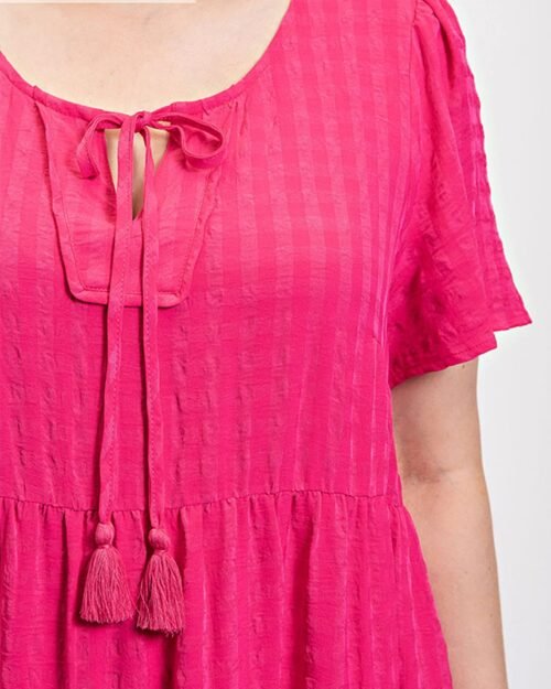 textured woven tiered dress with tassel tie and pockets