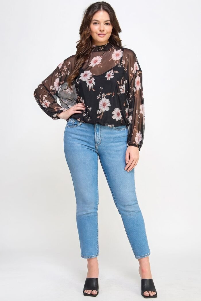 Mesh floral ls top w/cami