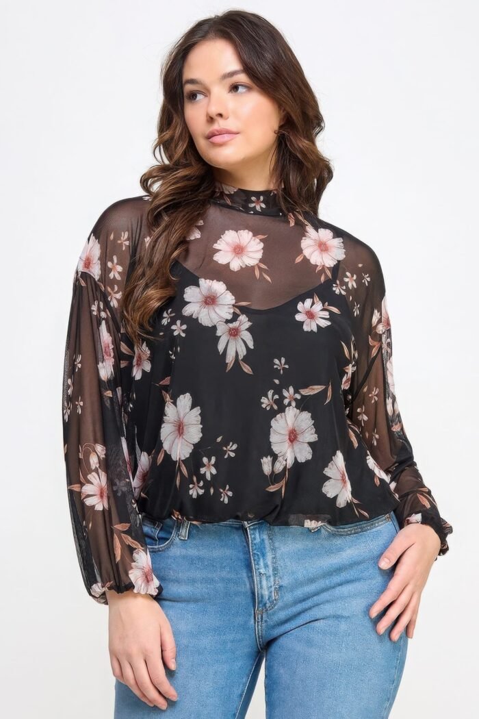 Mesh floral ls top w/cami