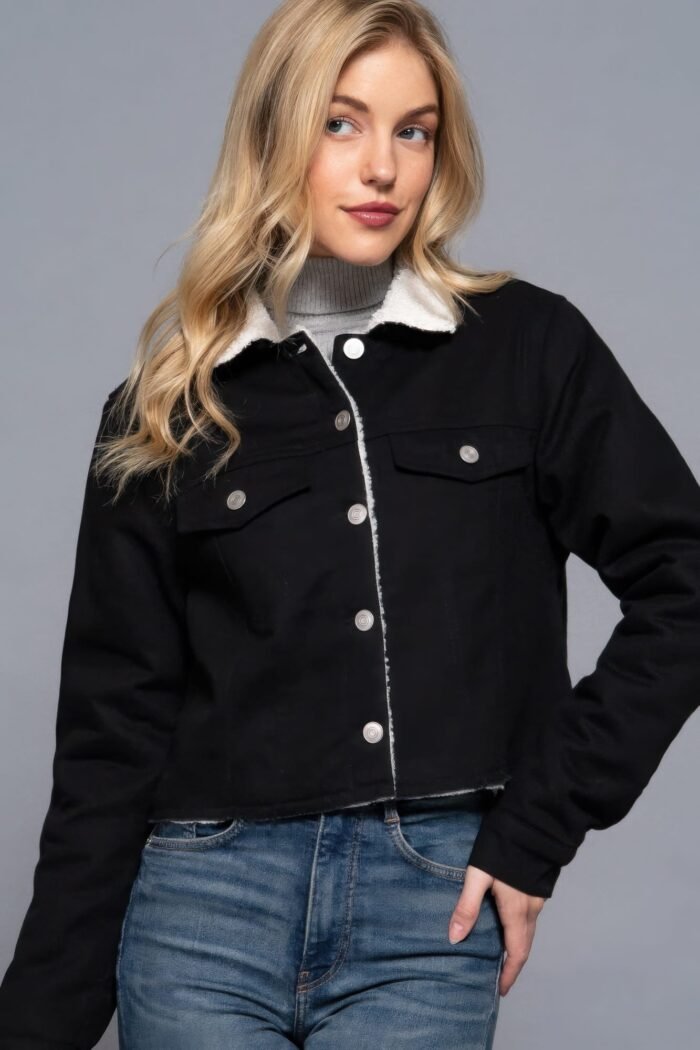 Button closure sherpa-lined twill jacket