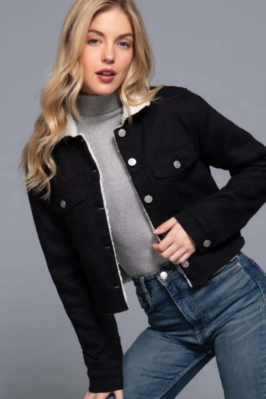 Button closure sherpa-lined twill jacket
