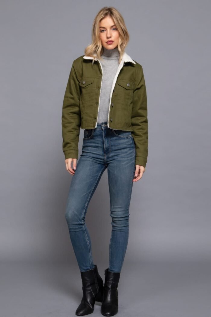 Button closure sherpa-lined twill jacket