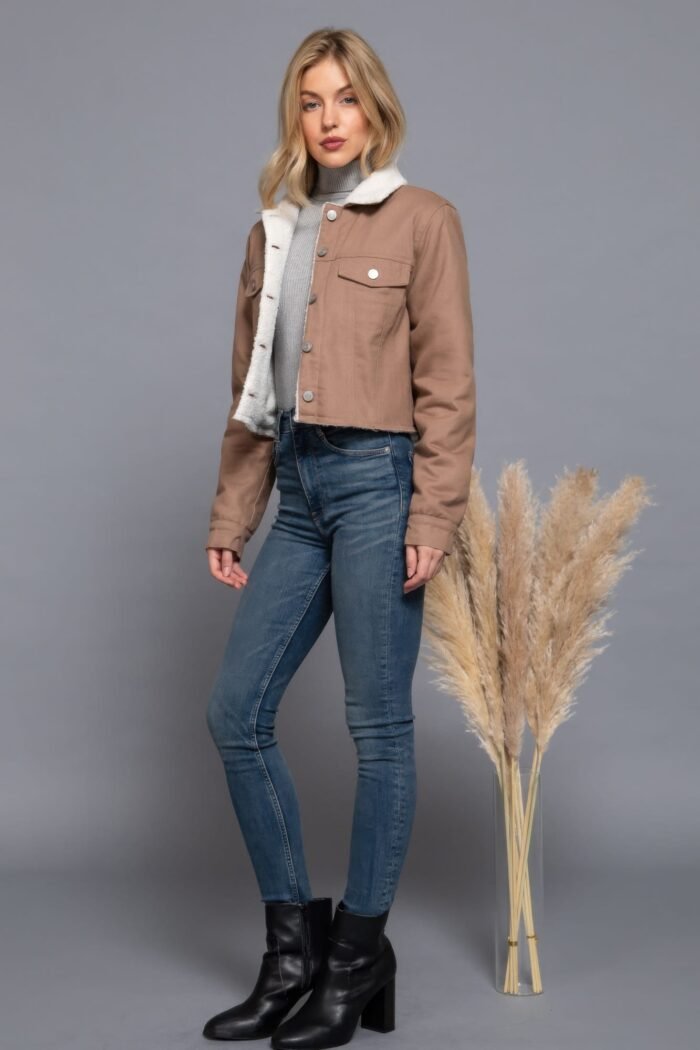 Button closure sherpa-lined twill jacket
