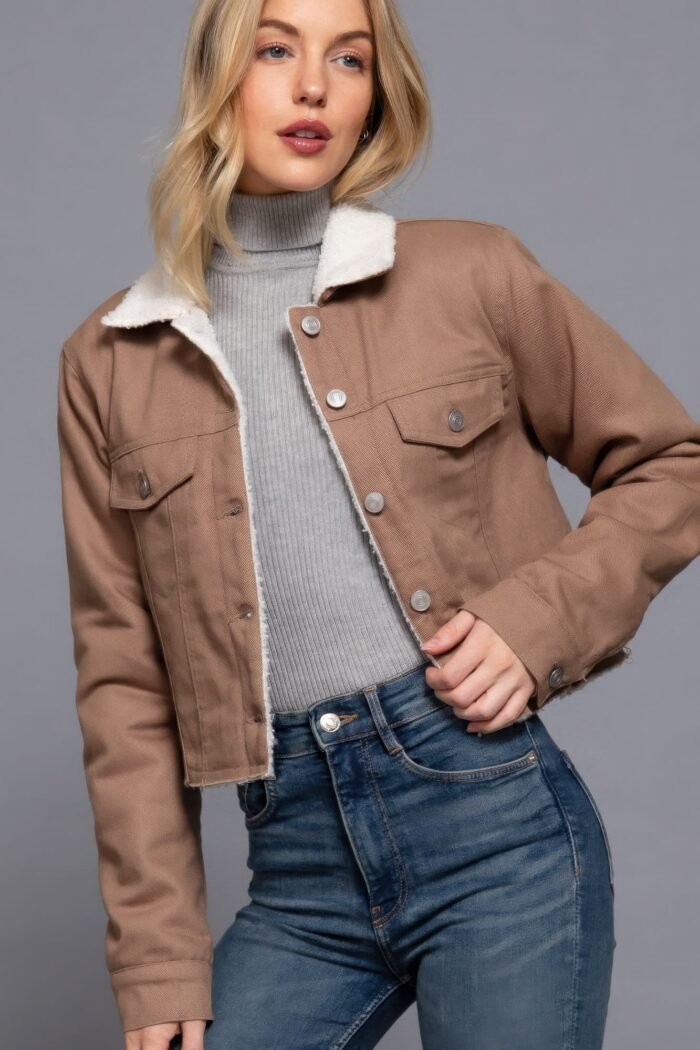 Button closure sherpa-lined twill jacket