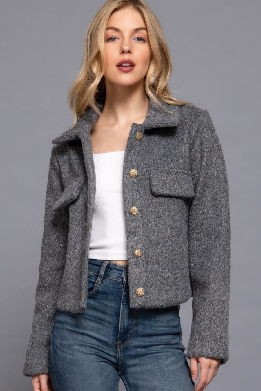 Long slv teddy fleece short jacket