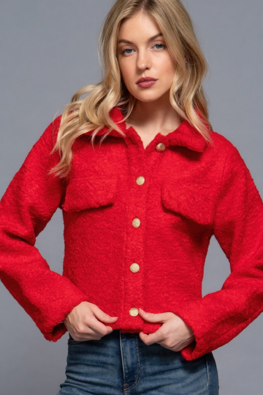 Long slv teddy fleece short jacket