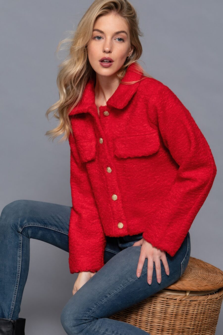 Long slv teddy fleece short jacket