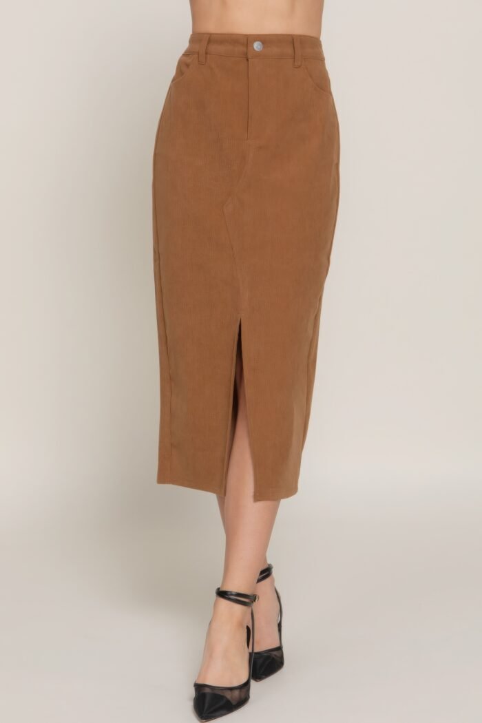 Front open slit corduroy midi skirt