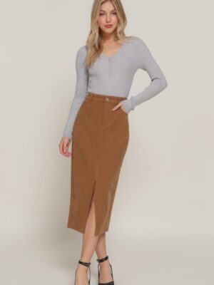 Front Open Slit Corduroy Midi Skirt