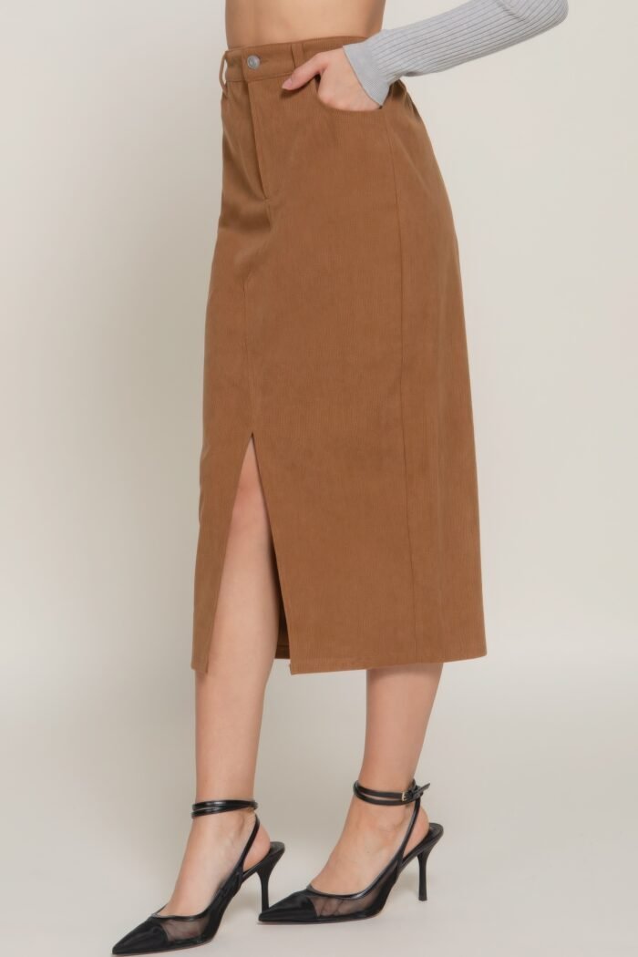 Front open slit corduroy midi skirt