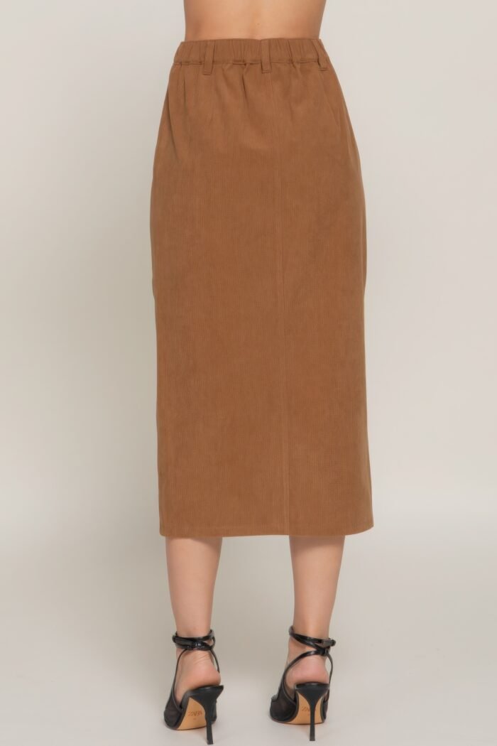 Front open slit corduroy midi skirt