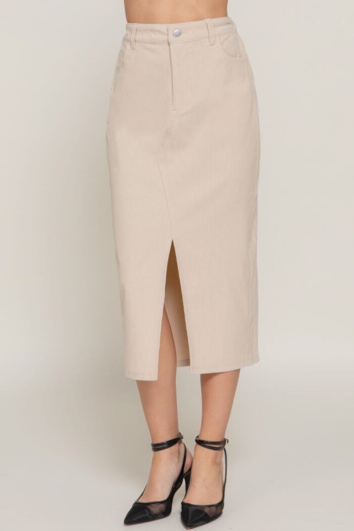 Front open slit corduroy midi skirt