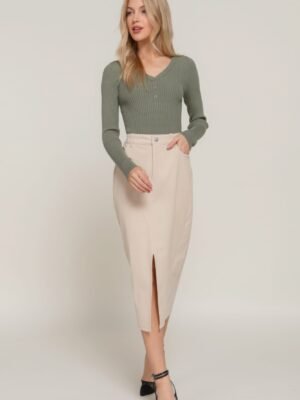 Front Open Slit Corduroy Midi Skirt