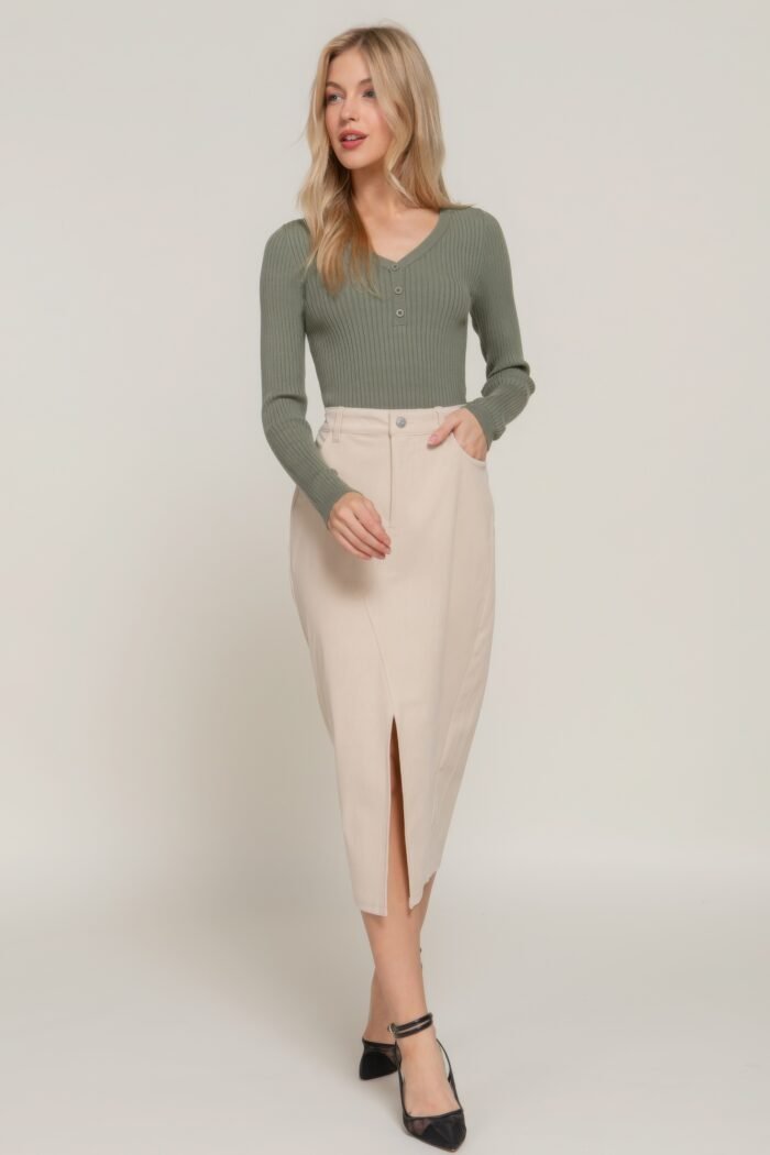 Front open slit corduroy midi skirt