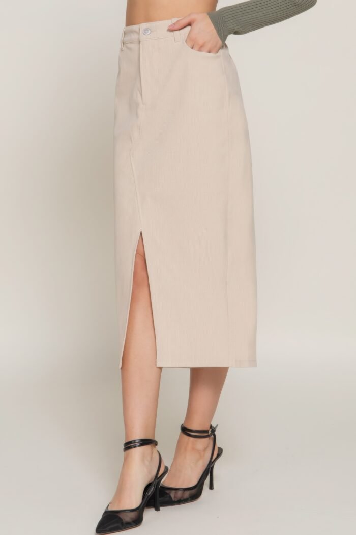 Front open slit corduroy midi skirt