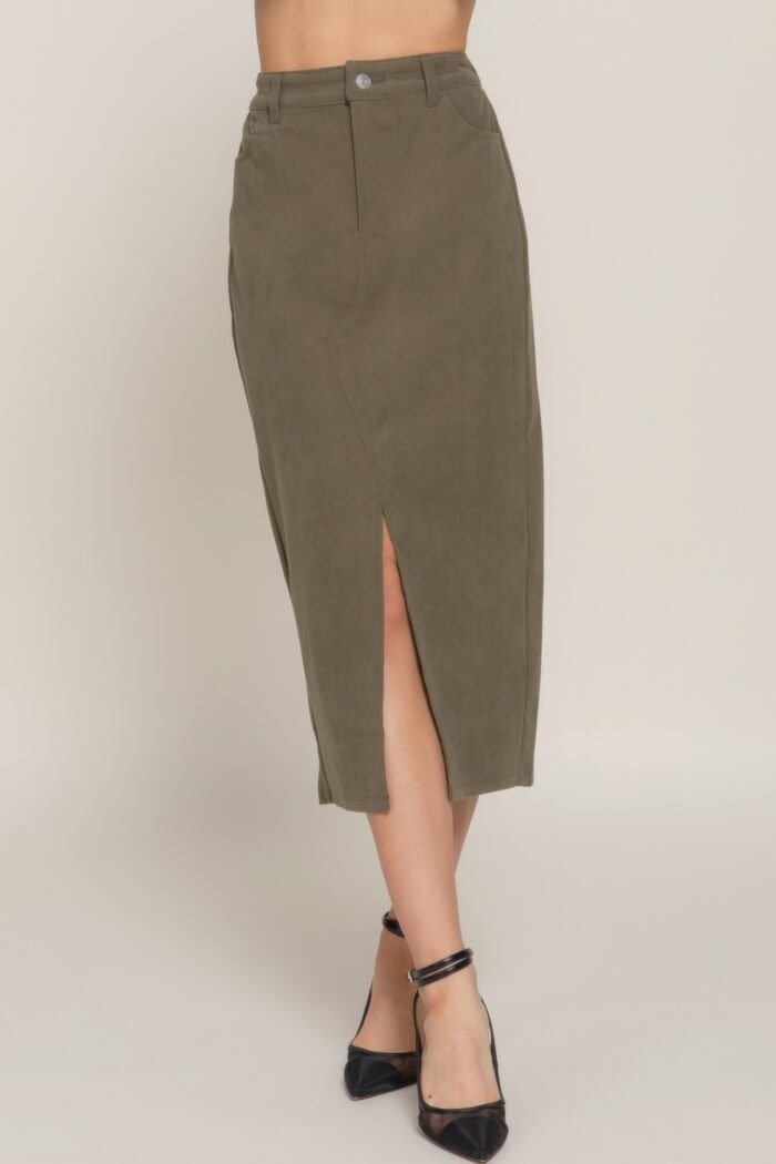 Front open slit corduroy midi skirt