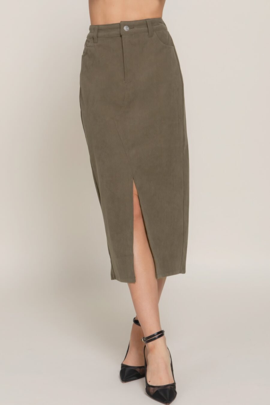 Front open slit corduroy midi skirt