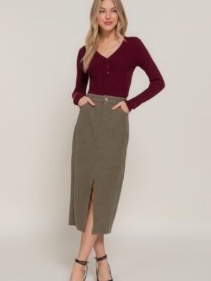 Front Open Slit Corduroy Midi Skirt