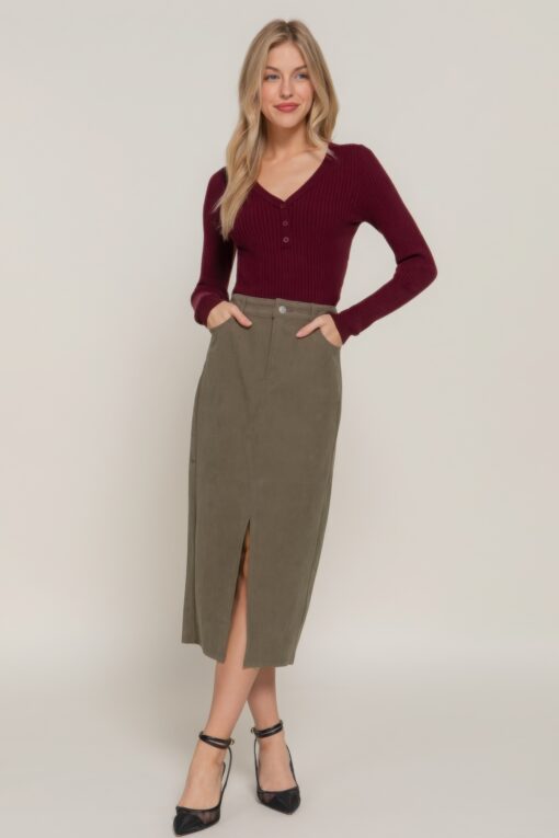Front Open Slit Corduroy Midi Skirt - Image 2