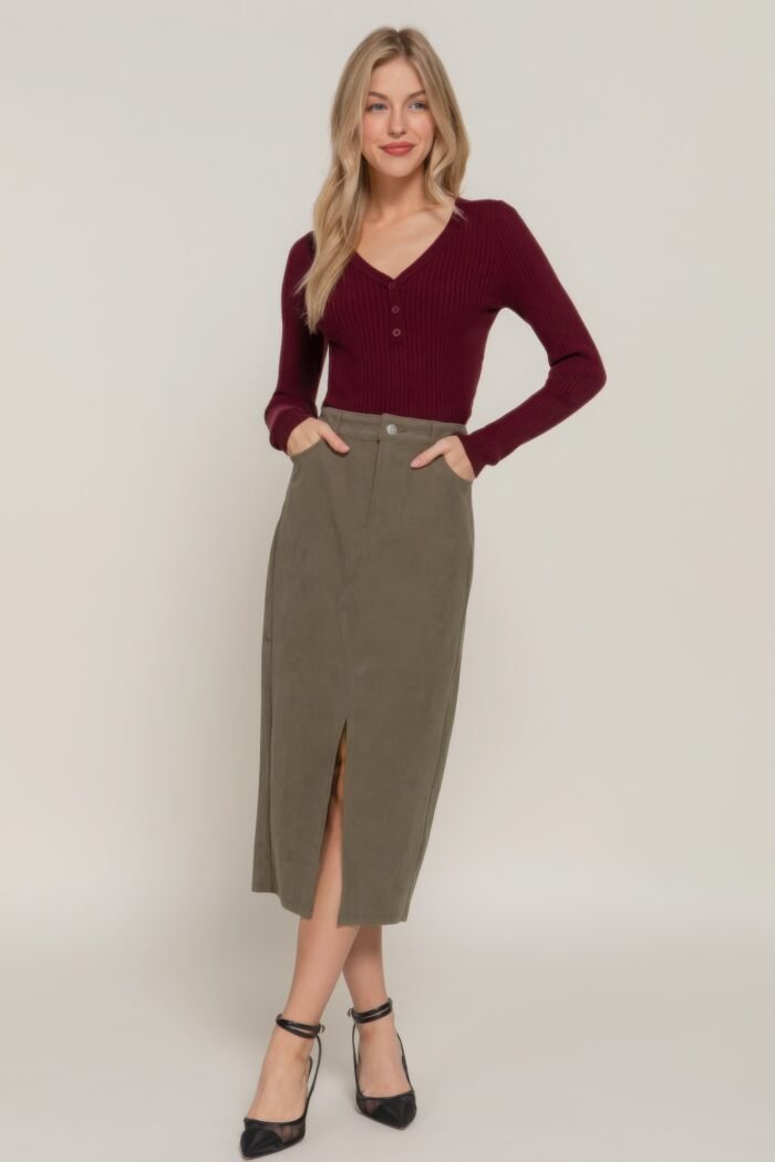 Front open slit corduroy midi skirt