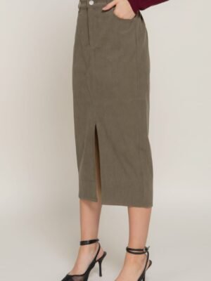 Front Open Slit Corduroy Midi Skirt