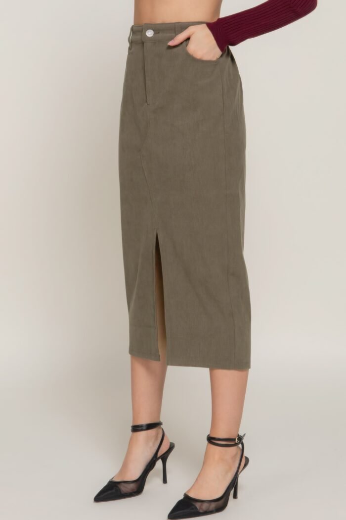 Front open slit corduroy midi skirt