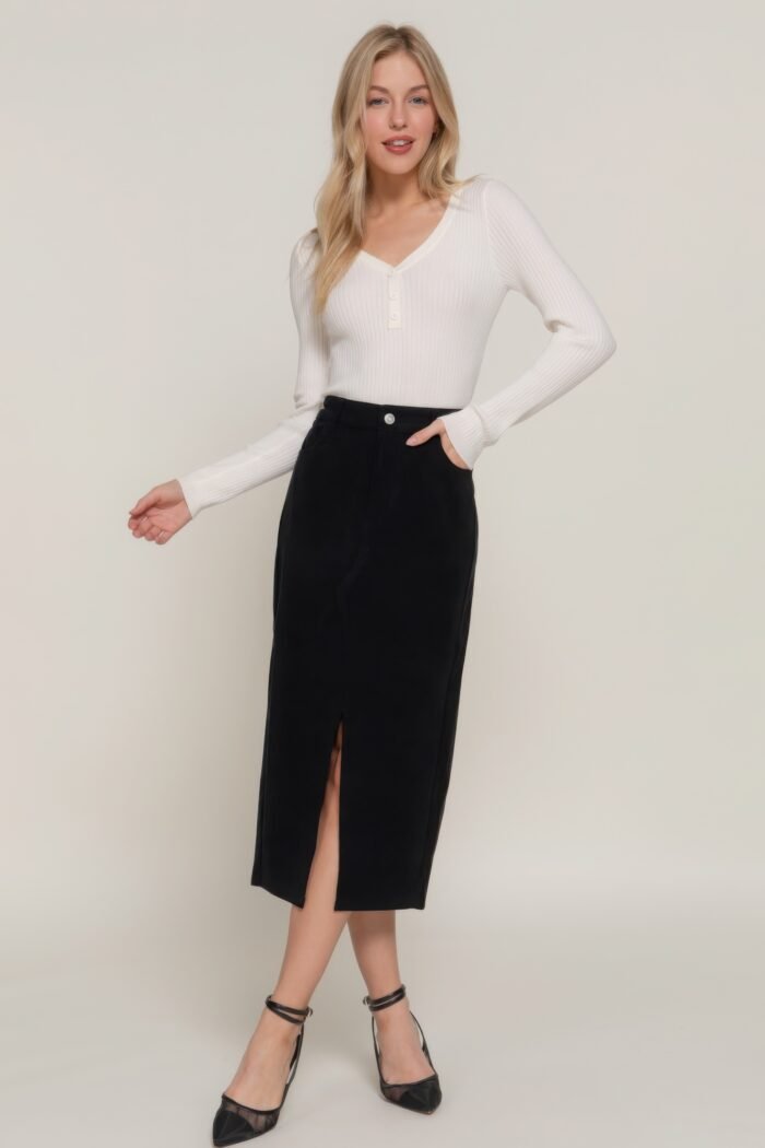 Front open slit corduroy midi skirt