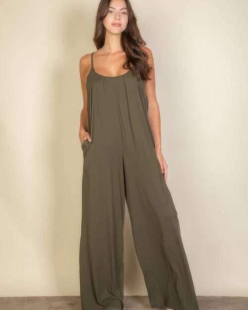 spaghetti strap solid wide jumpsuit